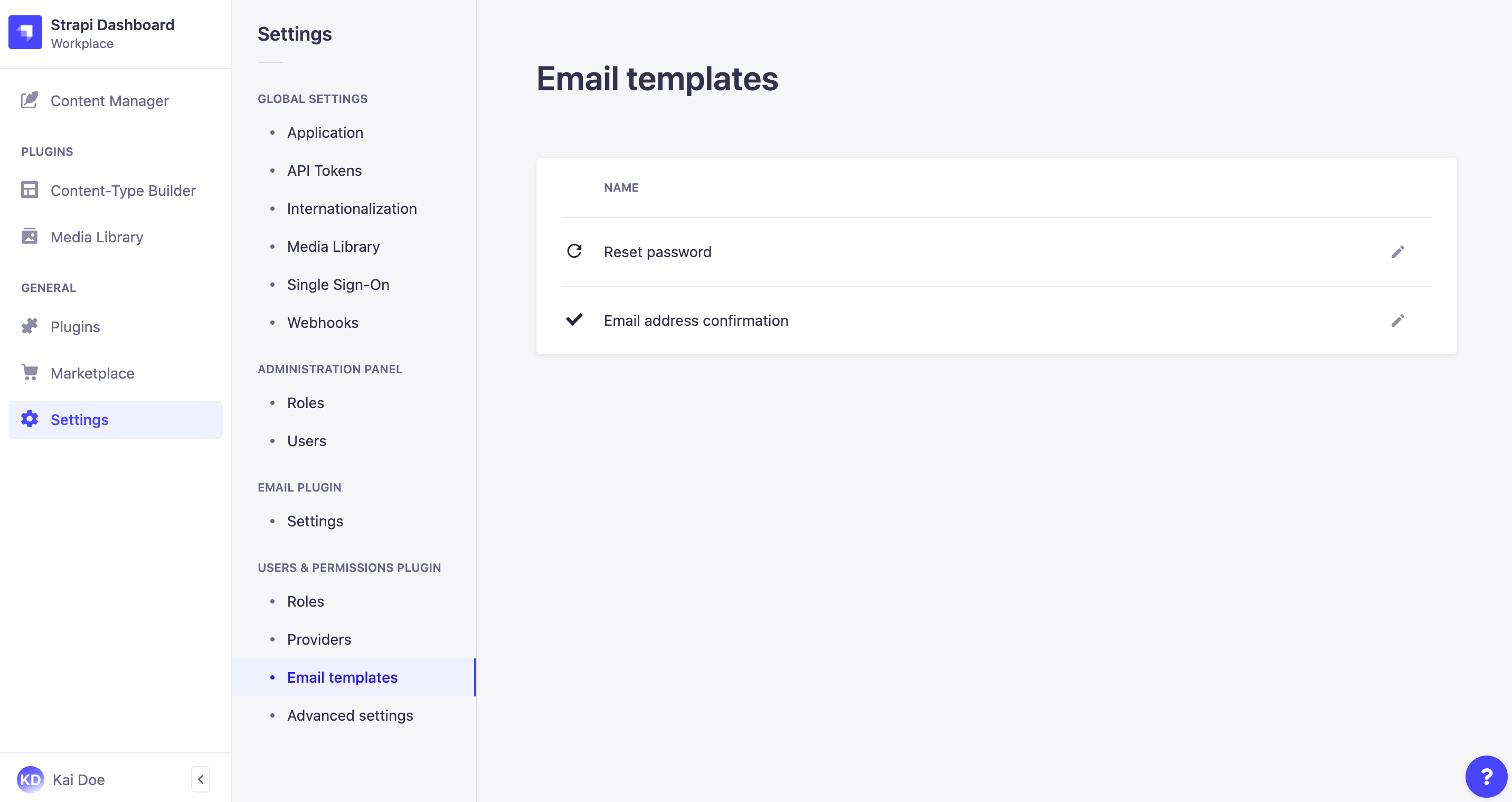 Email templates interface